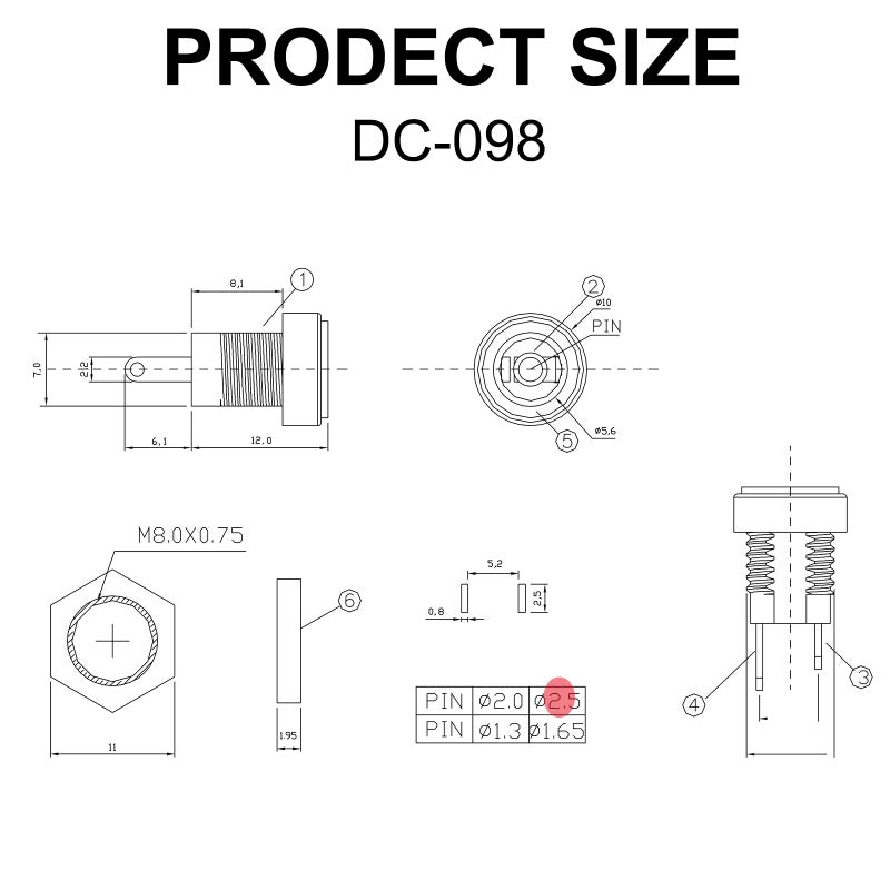 DIYhz 5.5mmx2.5mm 2 Pins DC Power Jack Female Panel Mounting Connector Socket 20 Pieces - Image 2